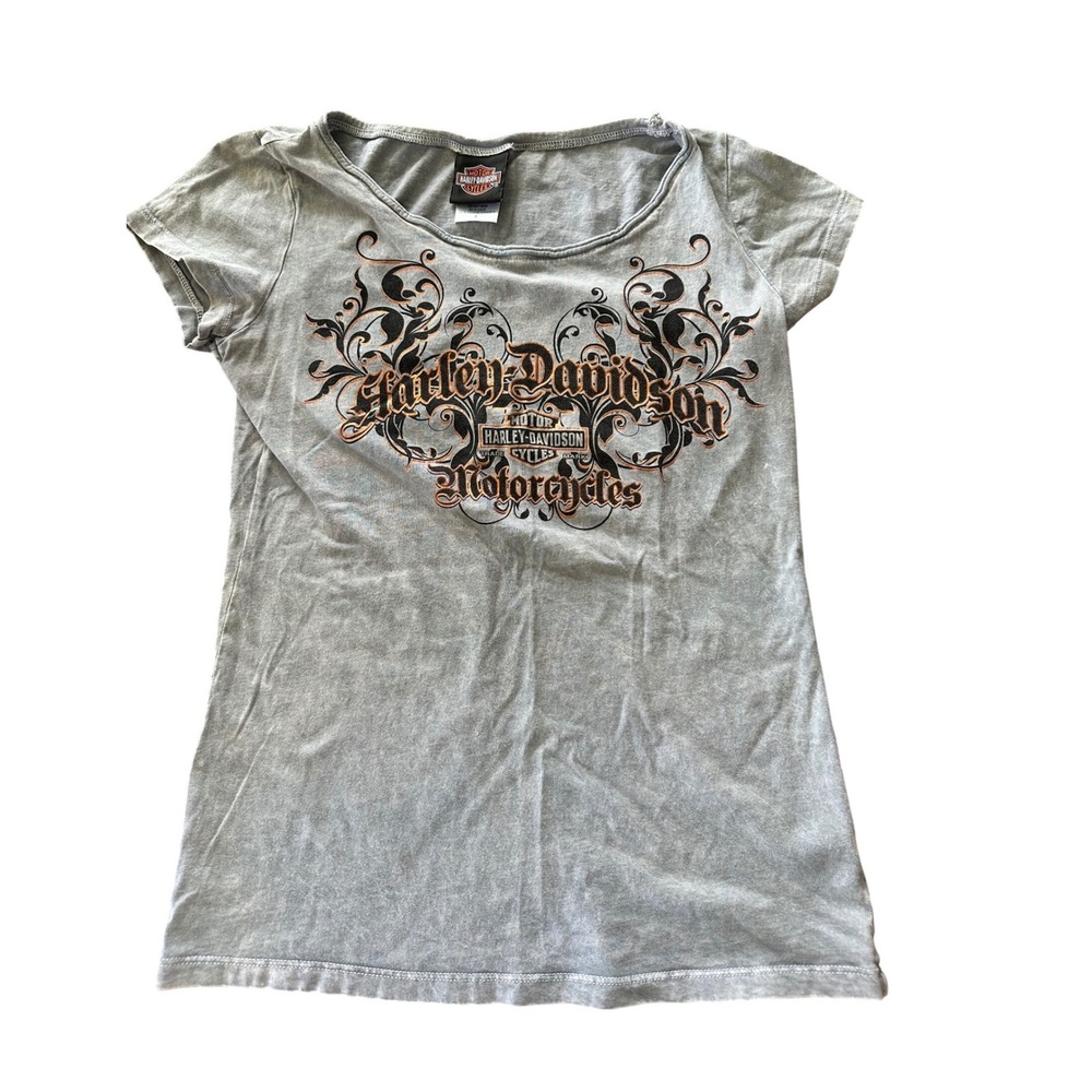 Harley-Davidson Womens Gray Graphic T-Shirt Richmond IN Biker Scoop Neck Small